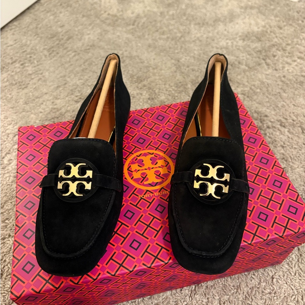 Tory Burch Black Suede Loafers with Gold Accent